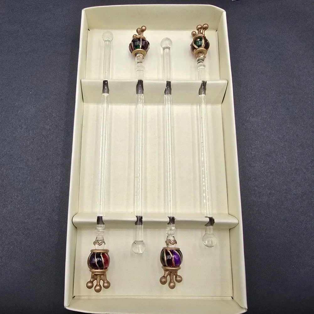 Pier 1 Imports Glass Swizzle Sticks Set Jeweled Crown Topper Cocktail Stirrer